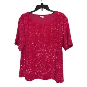Jodifl Hot Pink Barbie Girly Preppy Sequined Box Fit Lined Round Neck Top Large